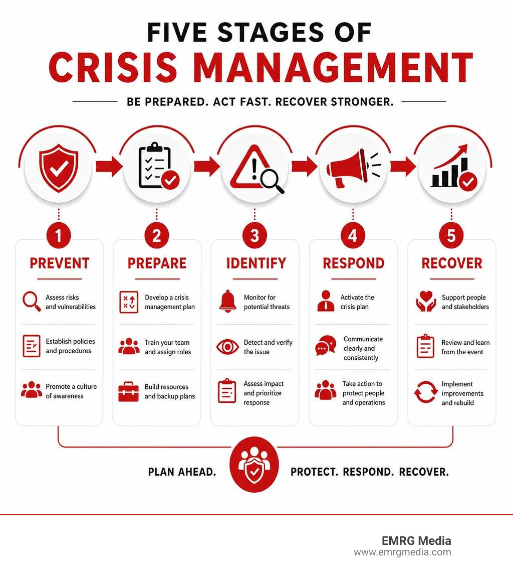 Five stages of crisis management: Prevent, Prepare, Identify, Respond, Recover with key actions at each stage infographic Five stages of crisis management: Prevent, Prepare, Identify, Respond, Recover with key actions at each stage infographic