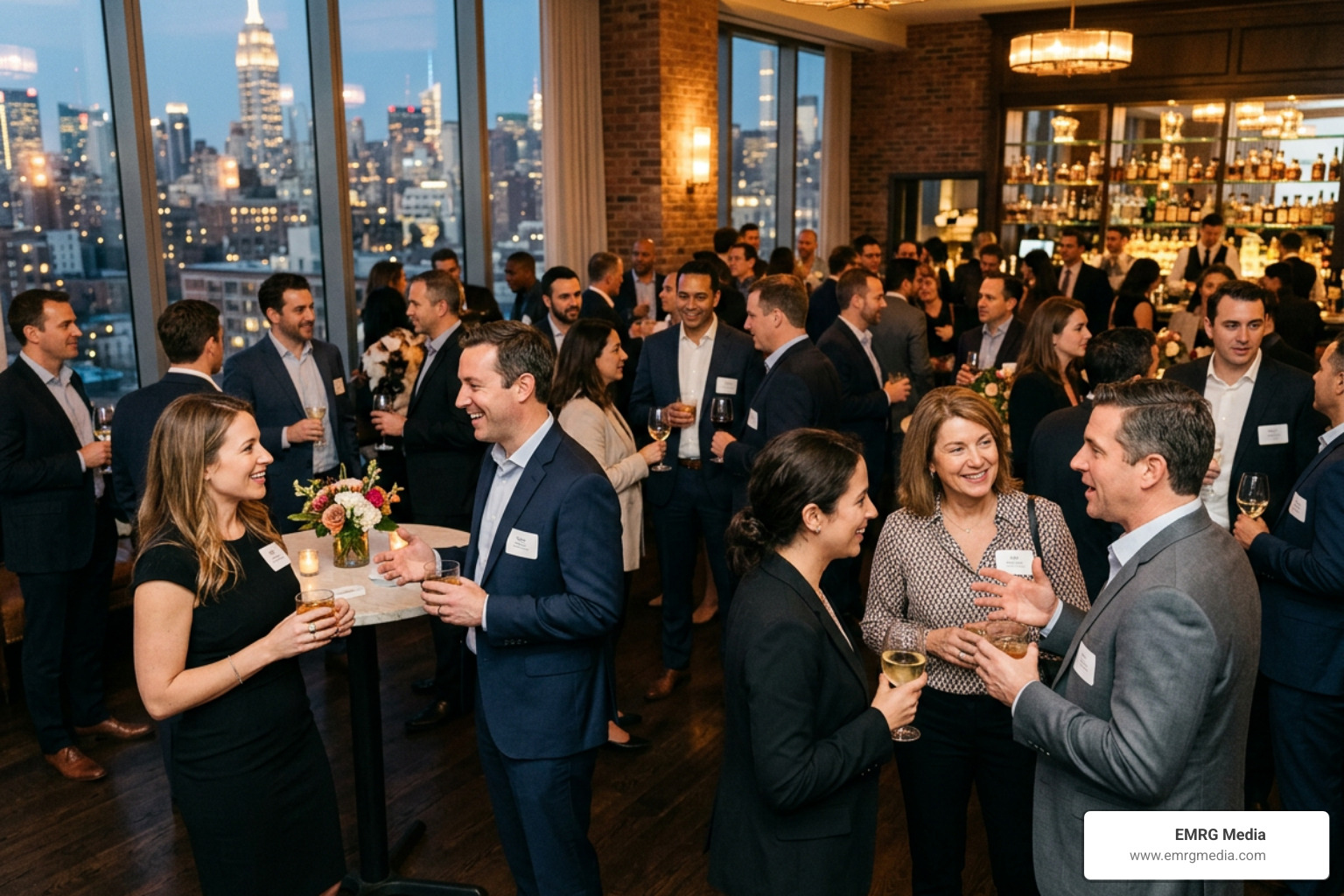 A lively networking reception with guests enjoying cocktails in a warm Manhattan venue A lively networking reception with guests enjoying cocktails in a warm Manhattan venue