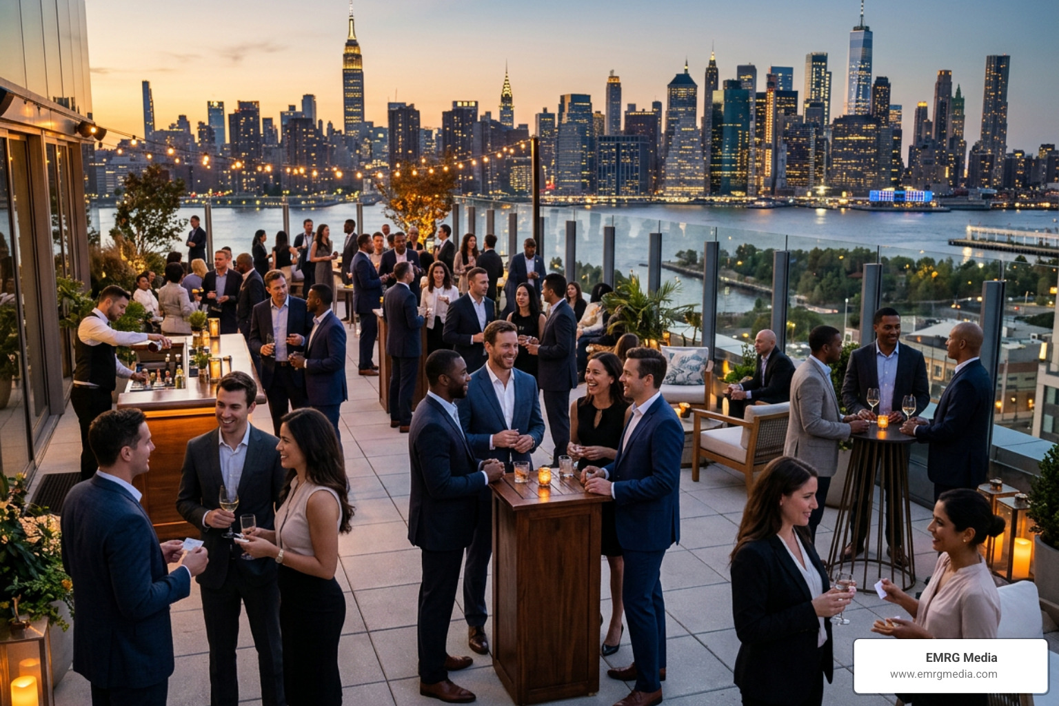 A chic cocktail reception on an outdoor terrace with panoramic views of the Manhattan skyline A chic cocktail reception on an outdoor terrace with panoramic views of the Manhattan skyline