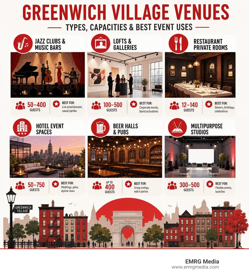 Infographic of Greenwich Village venue types, capacities, and best event uses infographic Infographic of Greenwich Village venue types, capacities, and best event uses infographic