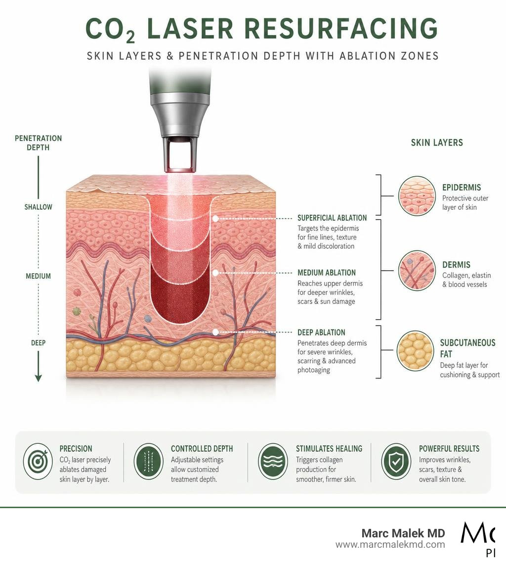Diagram showing skin layers and CO2 laser penetration depth with ablation zones infographic Diagram showing skin layers and CO2 laser penetration depth with ablation zones infographic