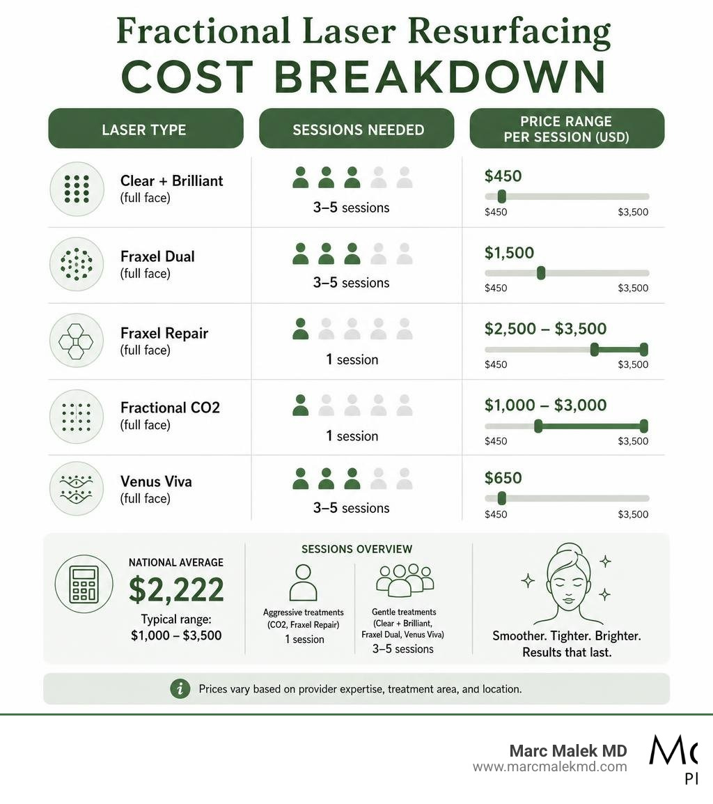 Infographic showing fractional laser resurfacing cost breakdown by laser type, sessions needed, and price range infographic Infographic showing fractional laser resurfacing cost breakdown by laser type, sessions needed, and price range infographic