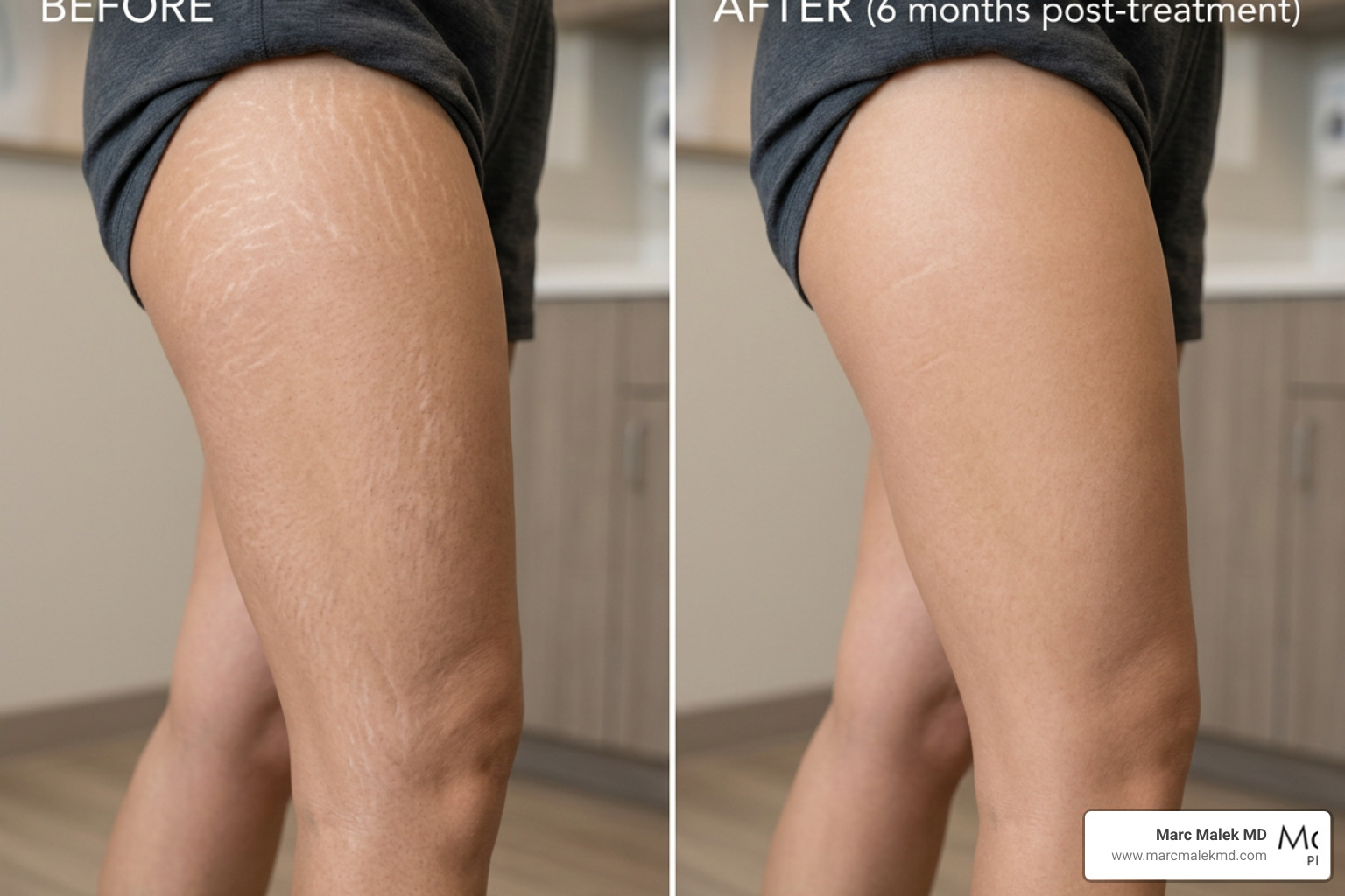 Before and after comparison of leg skin showing reduction in stretch marks and improved texture after CO2 laser Before and after comparison of leg skin showing reduction in stretch marks and improved texture after CO2 laser