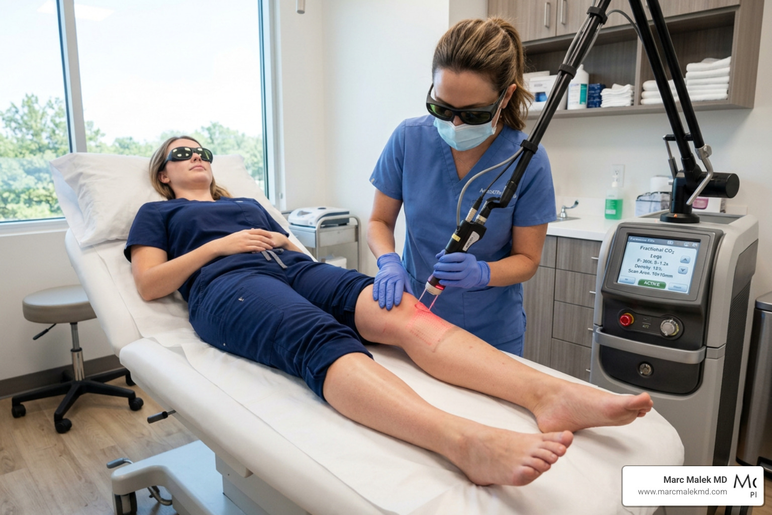 Dermatologist performing a fractional CO2 laser treatment on a patient's legs in a clinical setting Dermatologist performing a fractional CO2 laser treatment on a patient's legs in a clinical setting