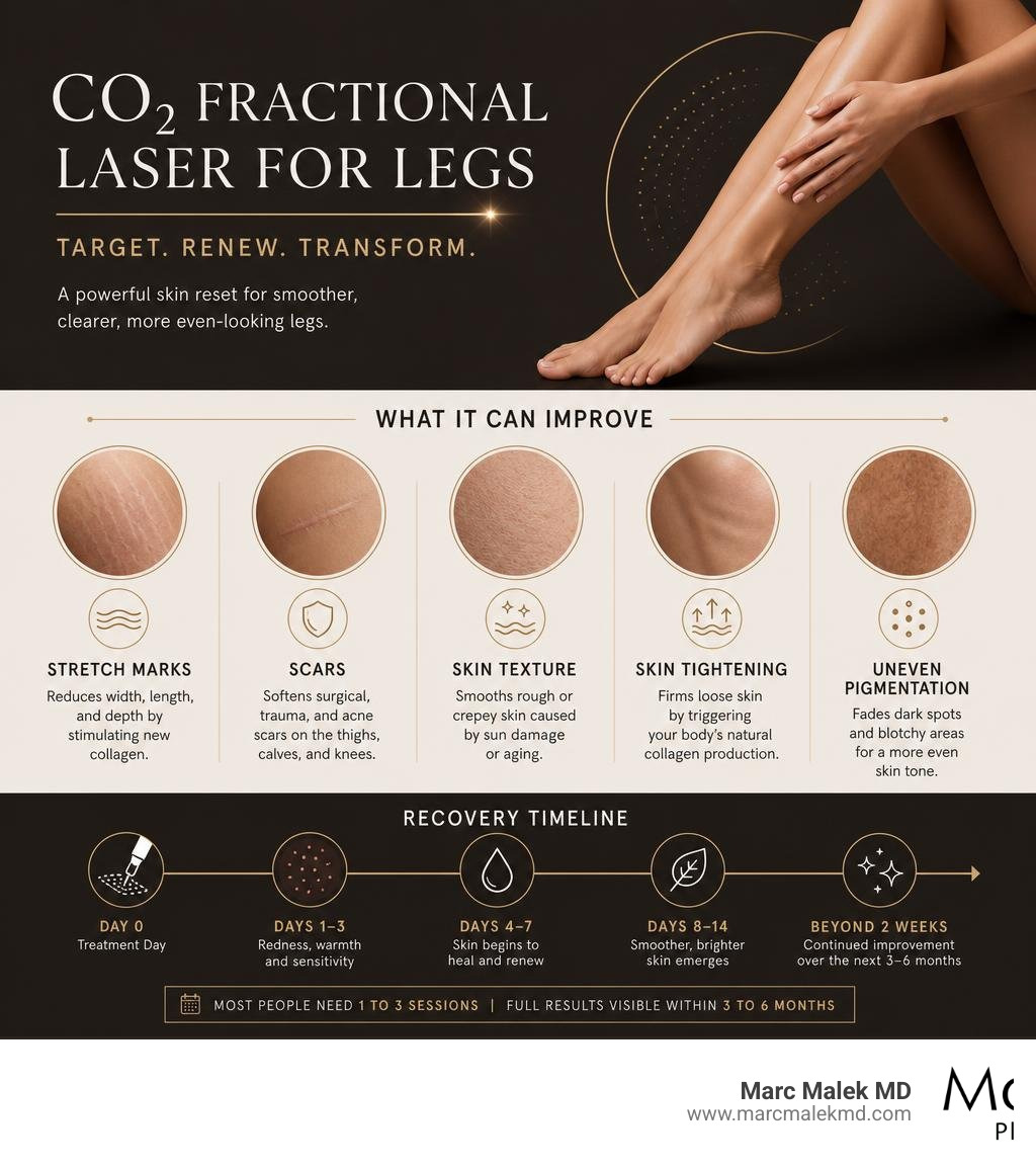 Infographic showing CO2 fractional laser benefits for legs: stretch marks, scars, texture, pigmentation, and recovery Infographic showing CO2 fractional laser benefits for legs: stretch marks, scars, texture, pigmentation, and recovery