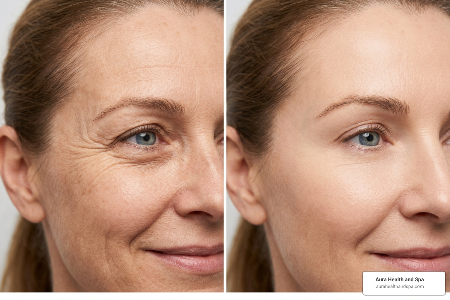 Before and after cosmetic eye rejuvenation showing smoothed crow's feet and brightened eye area