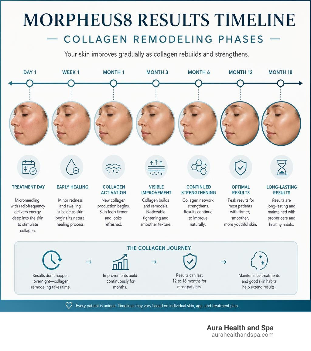 Morpheus8 results timeline infographic from day 1 to month 18 showing collagen remodeling phases infographic