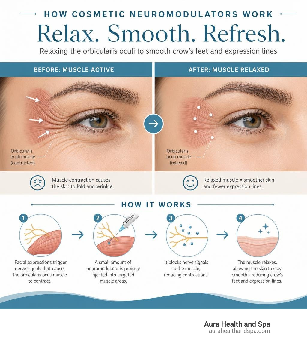 Infographic showing how cosmetic neuromodulators relax orbicularis oculi to smooth crow's feet and expression lines