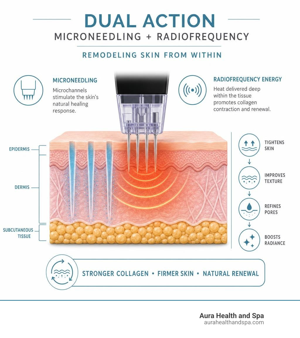 Infographic showing dual action of microneedling and radiofrequency energy remodeling skin tissue layers infographic
