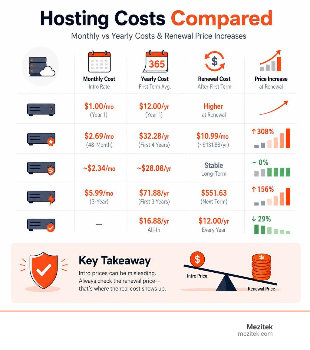 Comparison infographic of monthly vs yearly hosting costs and renewal price increases across major providers infographic