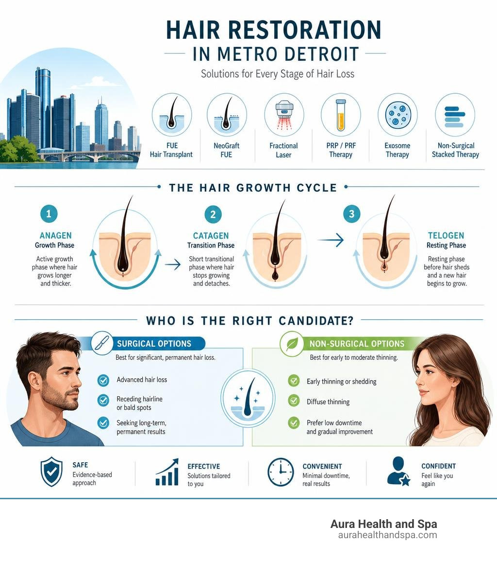 Infographic showing hair restoration options in Metro Detroit, hair growth cycle Anagen Catagen Telogen phases, and