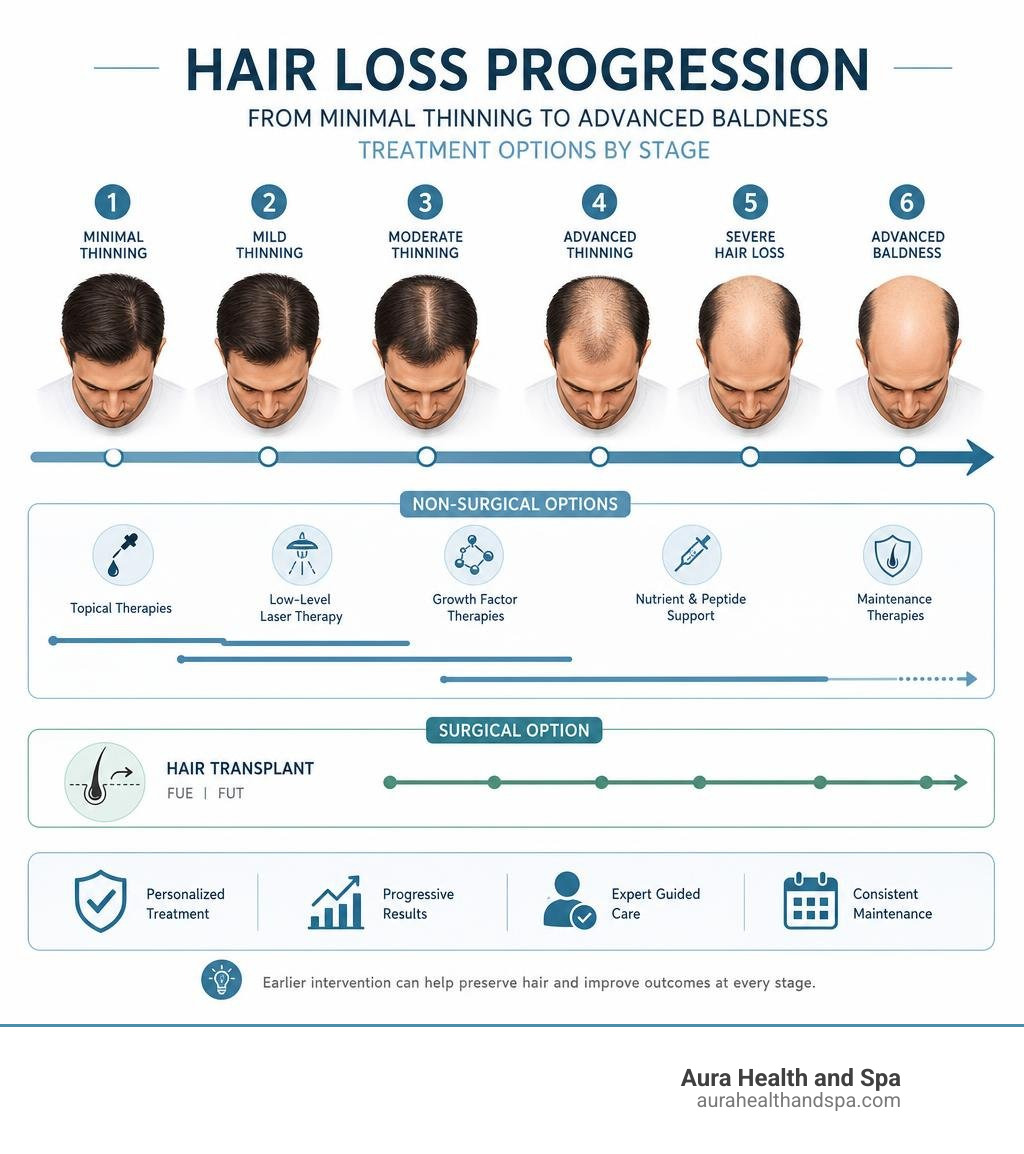 Infographic showing hair loss progression scale from minimal thinning to advanced baldness with non-surgical and surgical