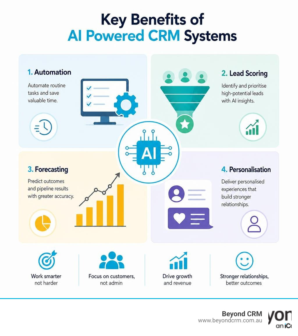 Key benefits of AI powered CRM systems: automation, lead scoring, forecasting, personalisation infographic