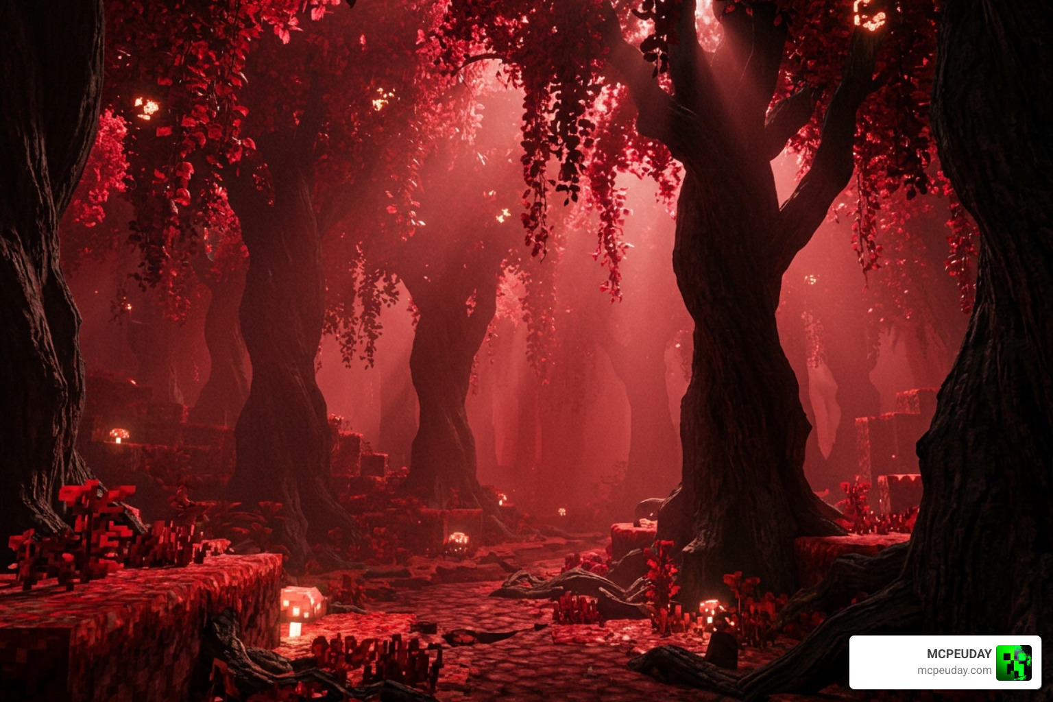 Crimson Forest with intense blood-red fog and volumetric lighting Crimson Forest with intense blood-red fog and volumetric lighting