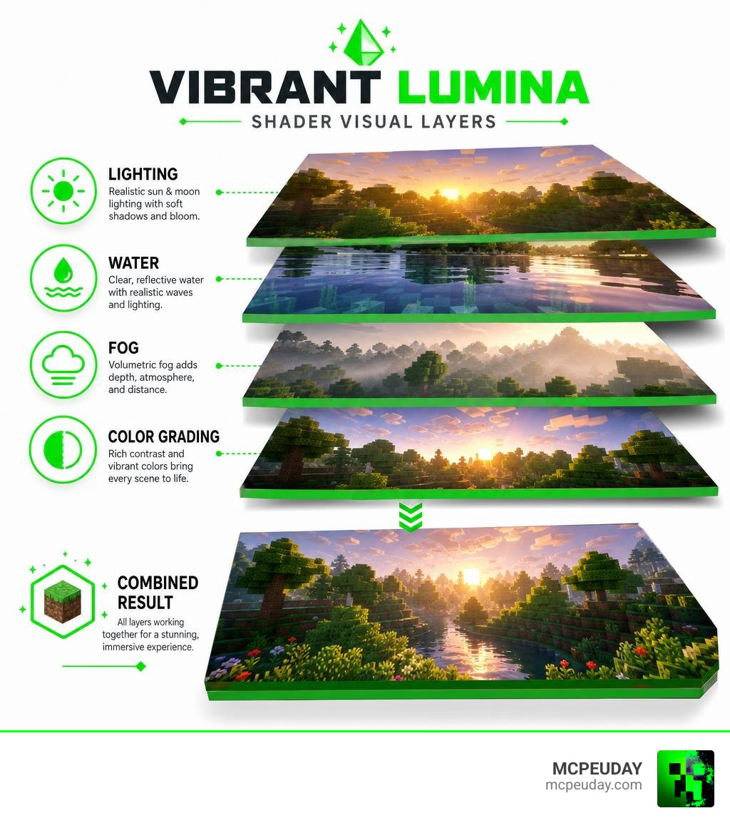 Vibrant Lumina Shader visual layers infographic showing lighting, water, fog, and color grading effects infographic Vibrant Lumina Shader visual layers infographic showing lighting, water, fog, and color grading effects infographic