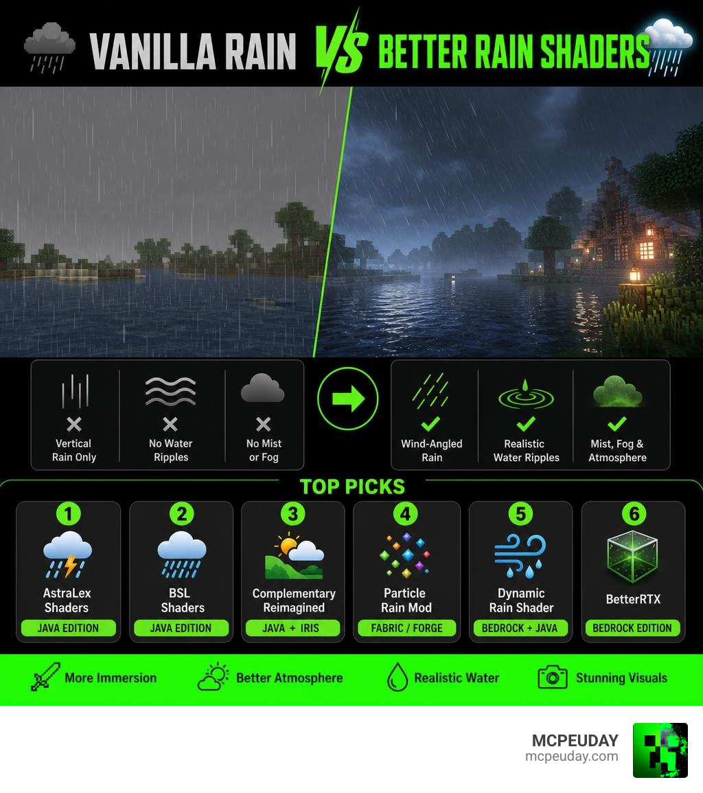 Infographic comparing vanilla Minecraft rain vs better rain shader features and top picks infographic Infographic comparing vanilla Minecraft rain vs better rain shader features and top picks infographic
