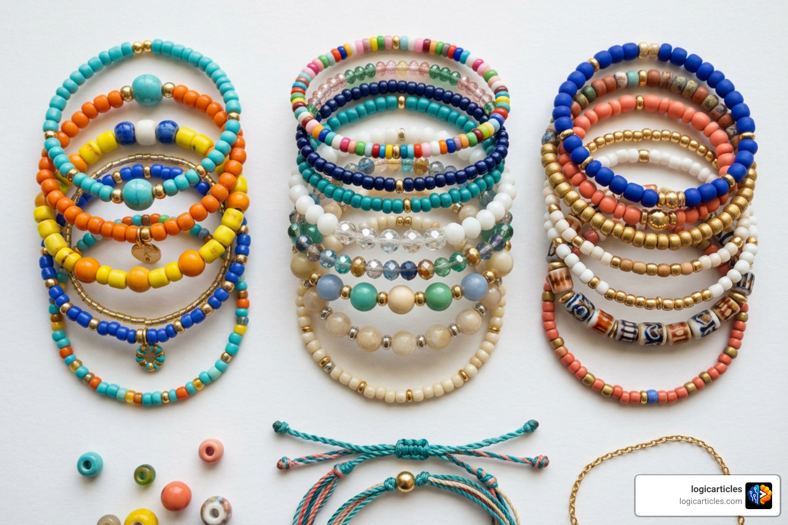 Flat lay photography of colorful stacked bracelets on a clean background Flat lay photography of colorful stacked bracelets on a clean background