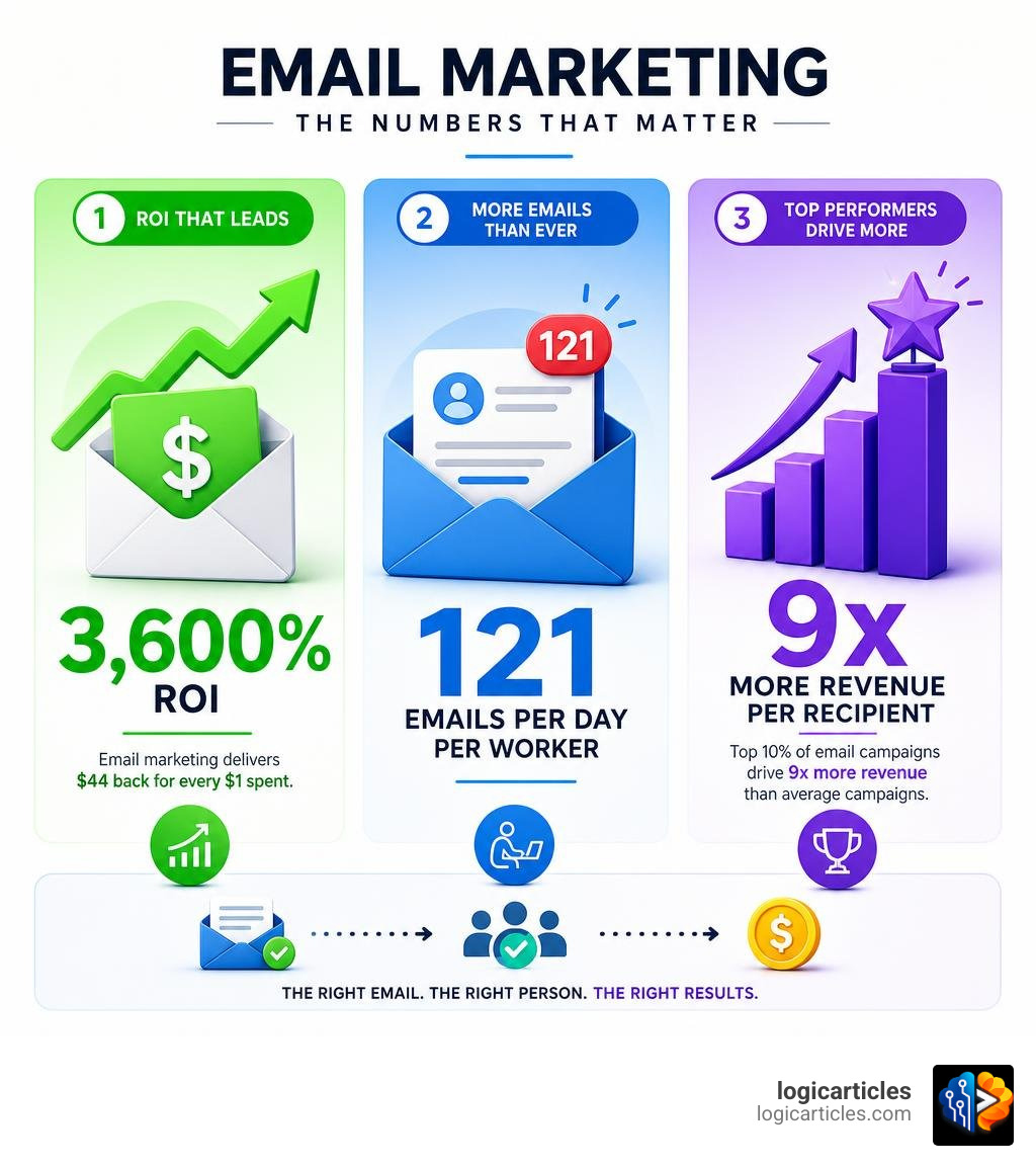Infographic showing email marketing ROI of 3600%, 121 daily emails per worker, and top 10% campaigns driving 9x revenue Infographic showing email marketing ROI of 3600%, 121 daily emails per worker, and top 10% campaigns driving 9x revenue