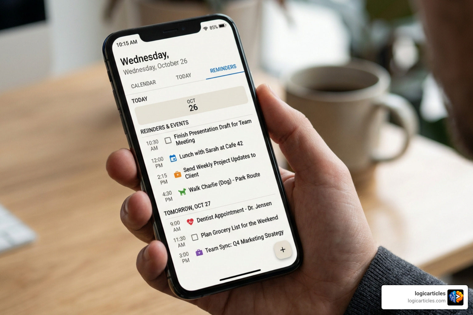 Smart reminder app interface on a mobile device showing notification schedules