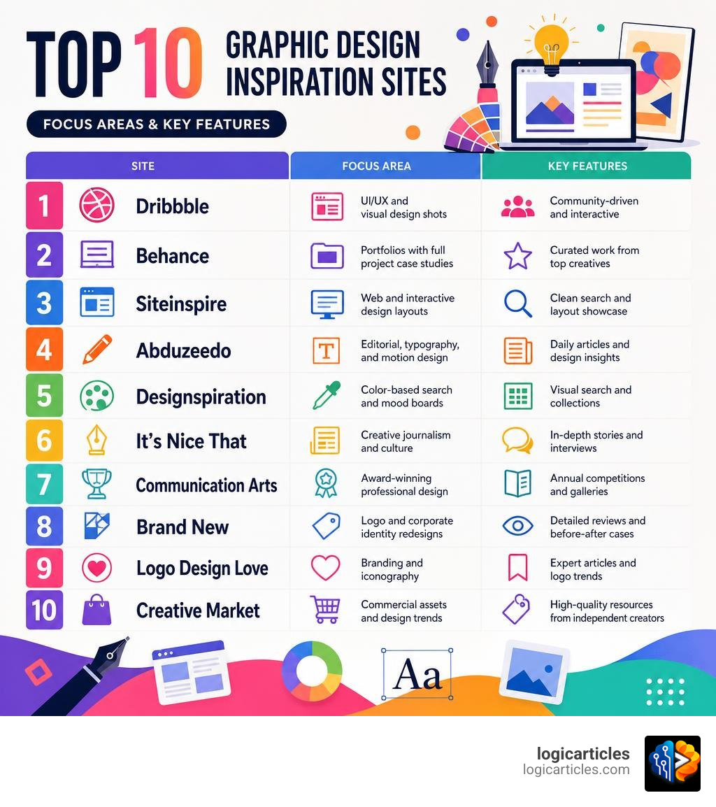 Infographic showing top 10 graphic design inspiration sites with their focus areas and key features infographic Infographic showing top 10 graphic design inspiration sites with their focus areas and key features infographic