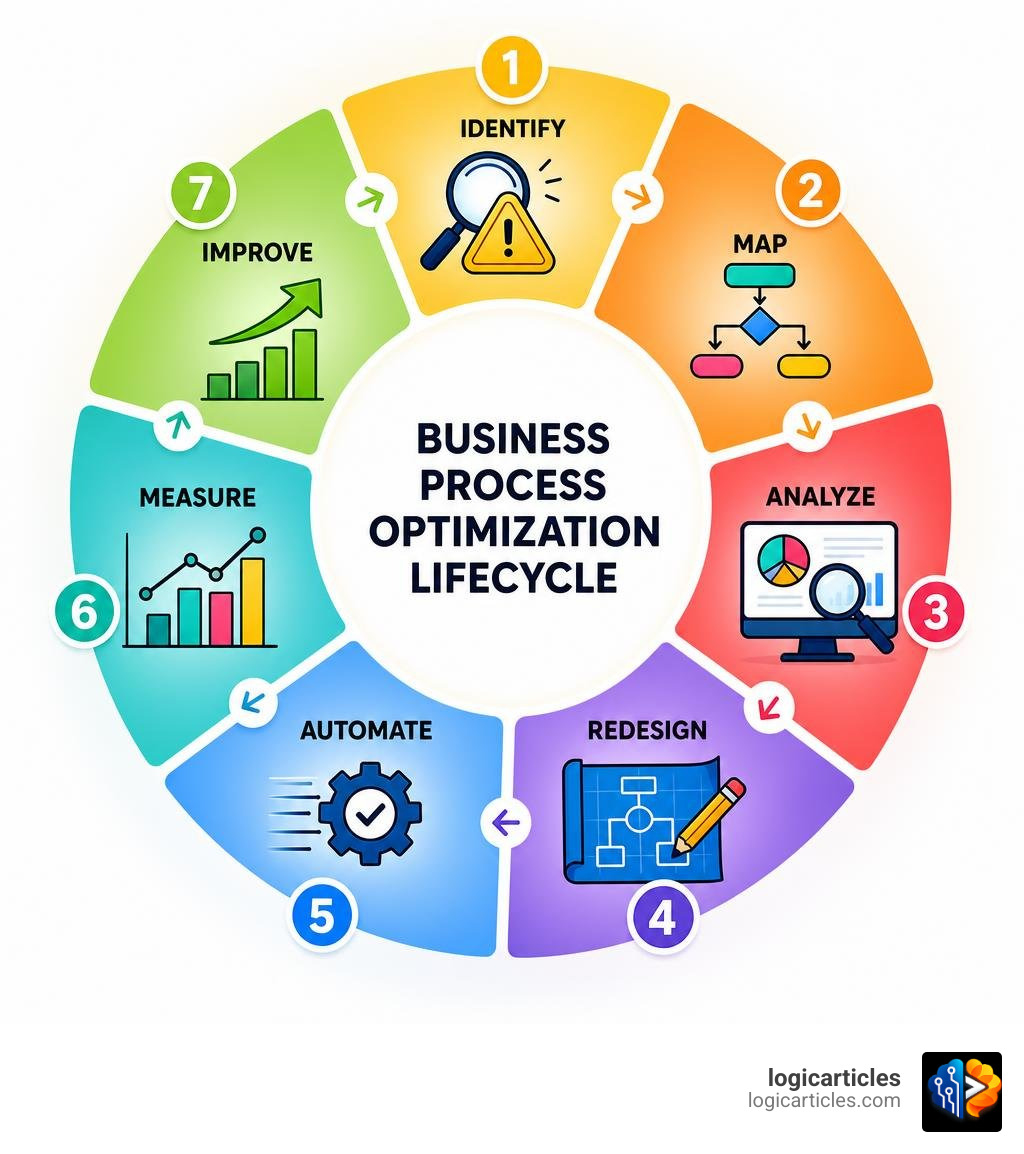 Business process optimization lifecycle: identify, map, analyze, redesign, automate, measure, improve infographic Business process optimization lifecycle: identify, map, analyze, redesign, automate, measure, improve infographic