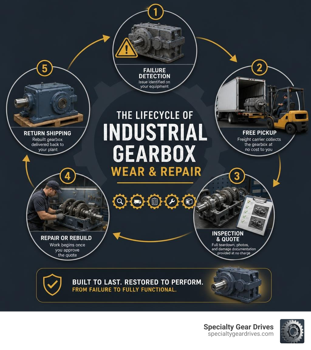 Lifecycle of industrial gearbox wear and repair from failure detection to rebuilt unit return infographic Lifecycle of industrial gearbox wear and repair from failure detection to rebuilt unit return infographic
