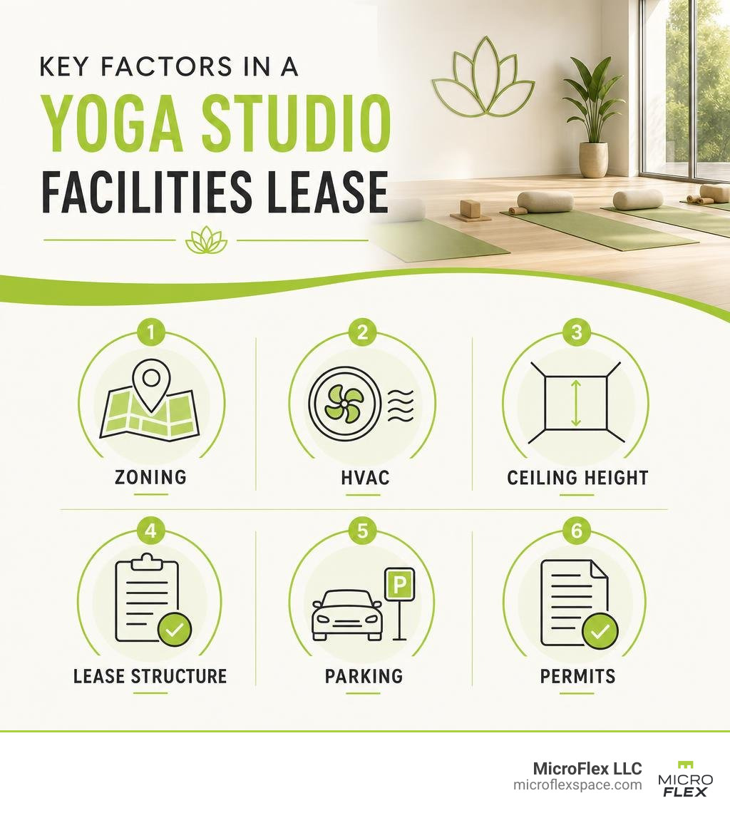Infographic showing key factors in a yoga studio facilities lease: zoning, HVAC, ceiling height, lease structure, parking Infographic showing key factors in a yoga studio facilities lease: zoning, HVAC, ceiling height, lease structure, parking