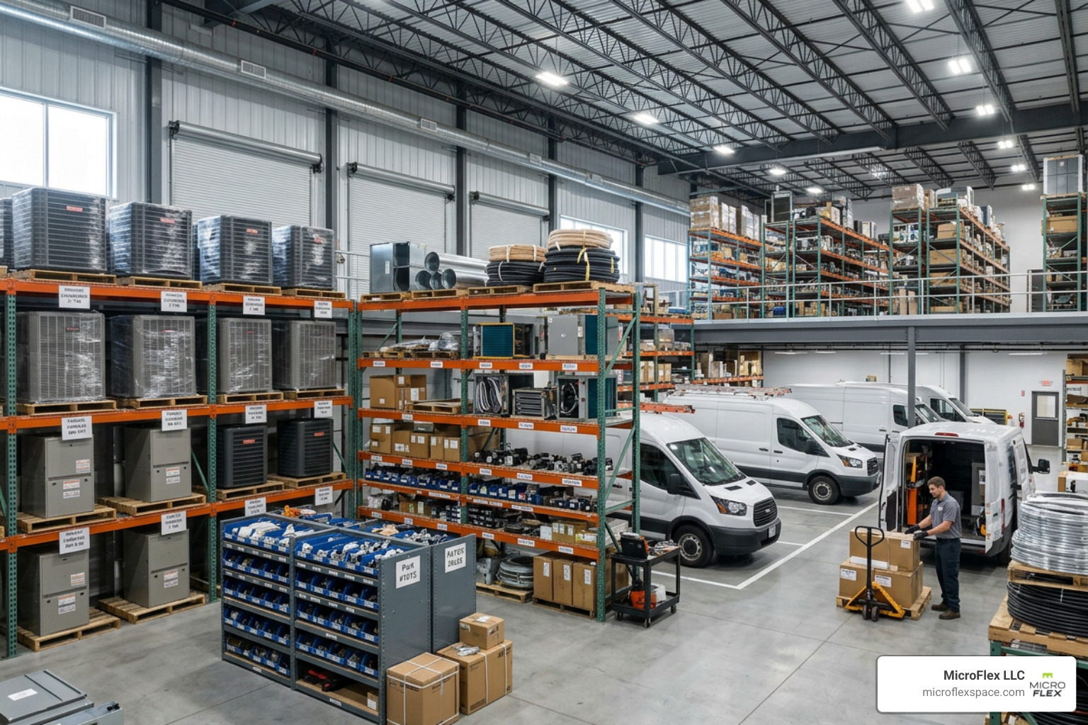 organized HVAC inventory in a high-ceiling bay organized HVAC inventory in a high-ceiling bay