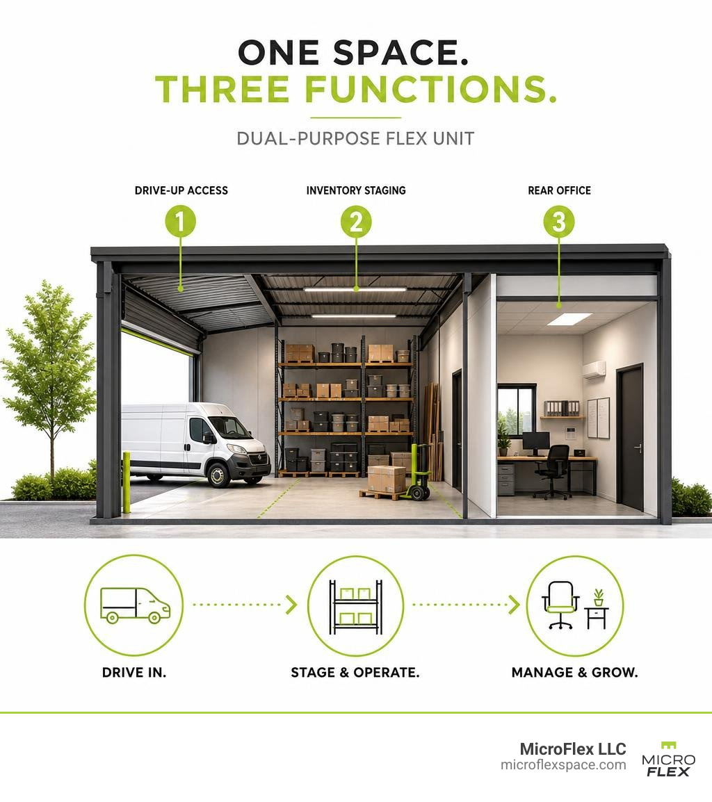 Infographic showing how a dual-purpose flex unit combines drive-up access, inventory staging, and rear office infographic Infographic showing how a dual-purpose flex unit combines drive-up access, inventory staging, and rear office infographic