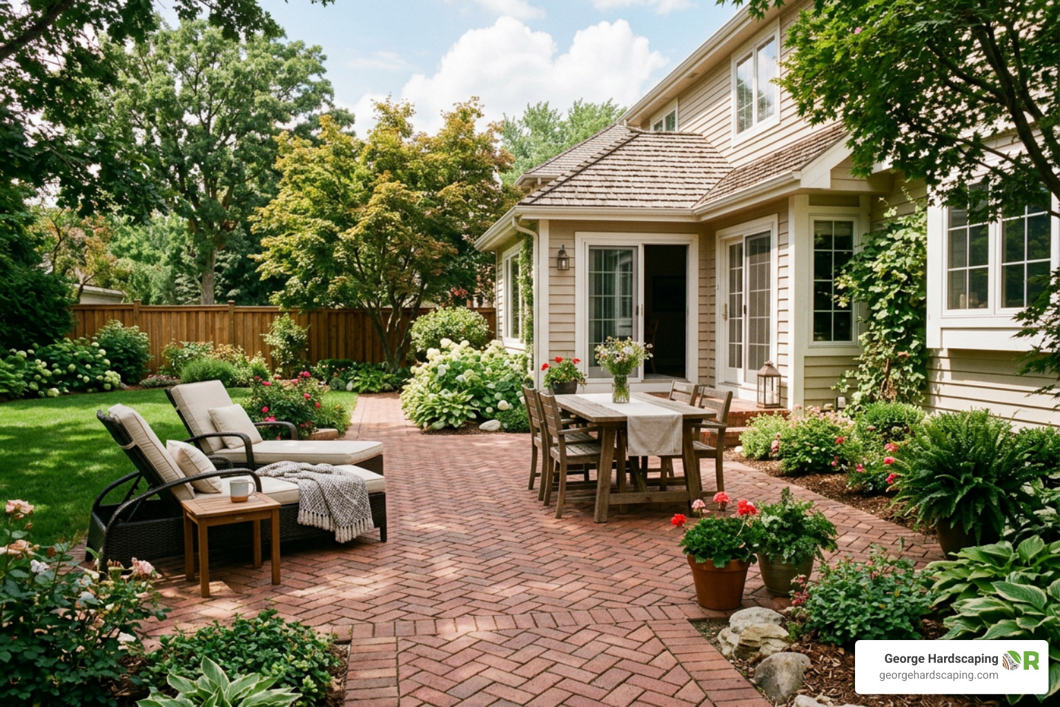 Elegant herringbone pattern brick pavers on a backyard patio Elegant herringbone pattern brick pavers on a backyard patio