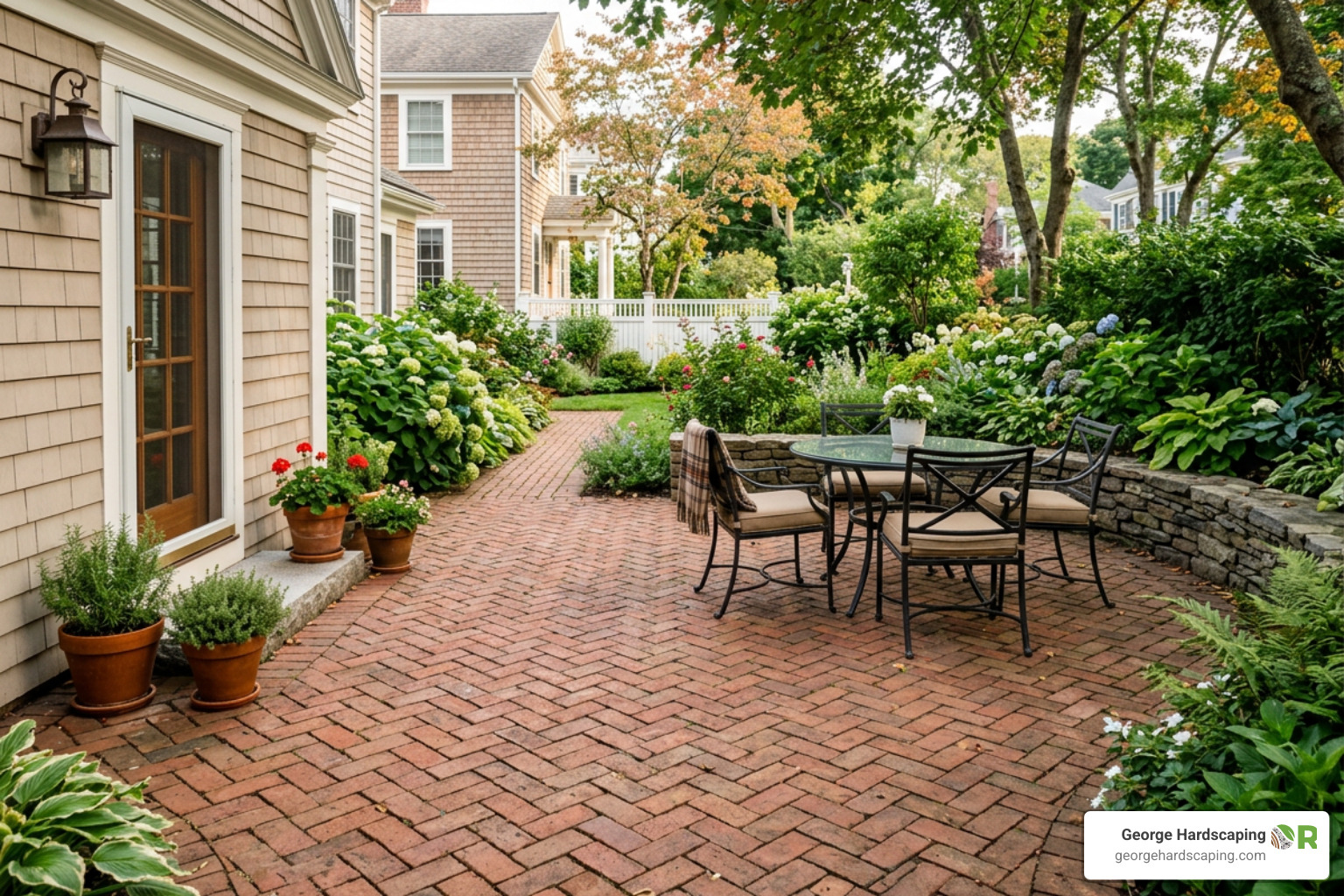 A classic brick paver patio in Beverly Massachusetts highlighting the warm red tones A classic brick paver patio in Beverly Massachusetts highlighting the warm red tones
