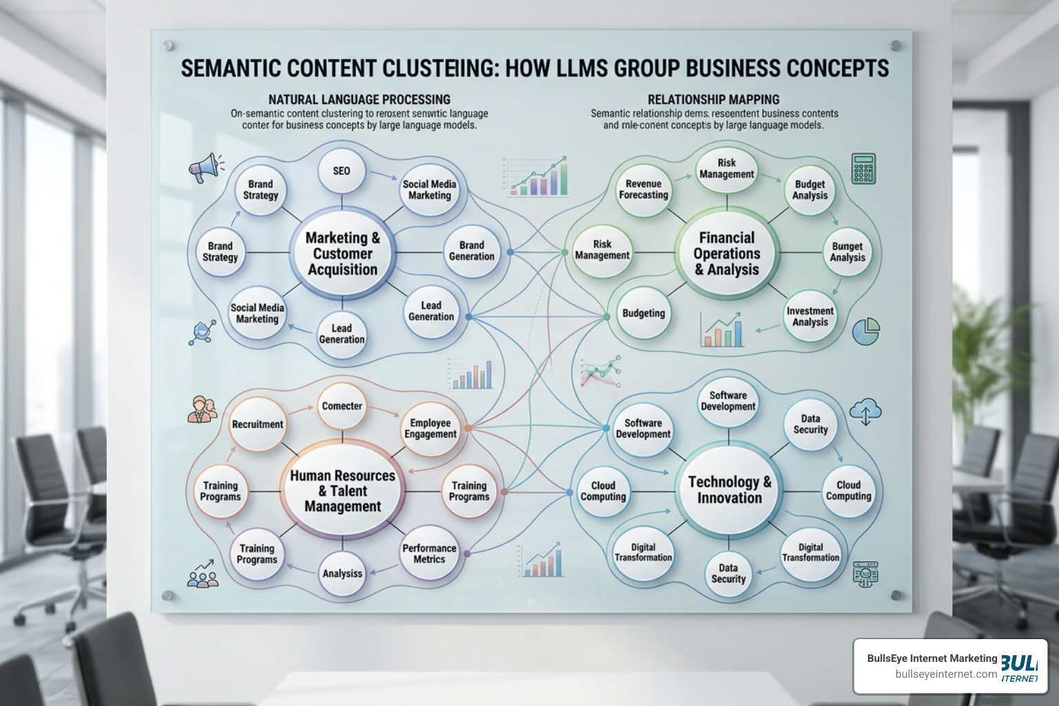 Semantic content clustering diagram showing how LLMs group related business concepts