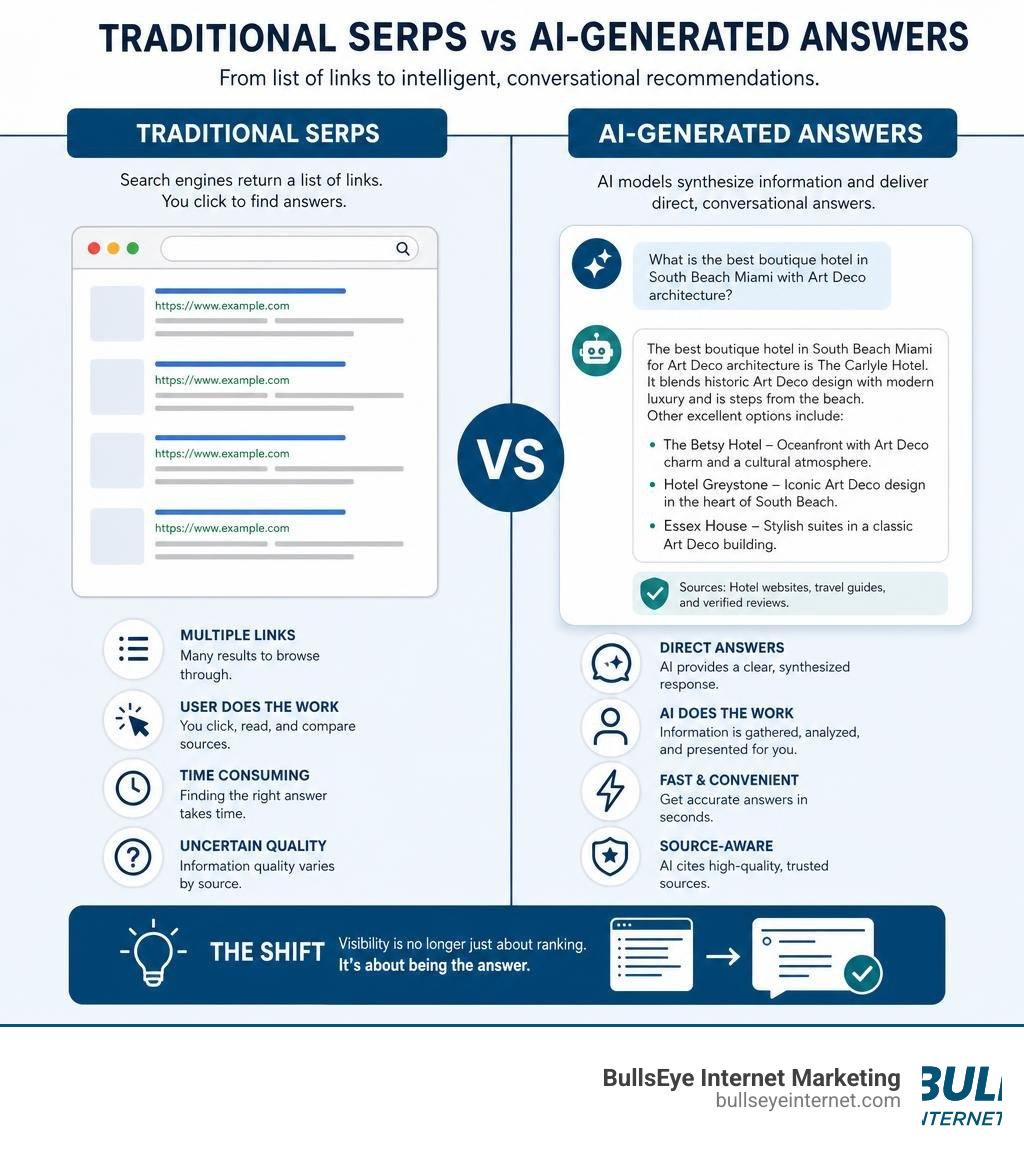 Infographic explaining the difference between traditional SERPs and AI-generated answers infographic