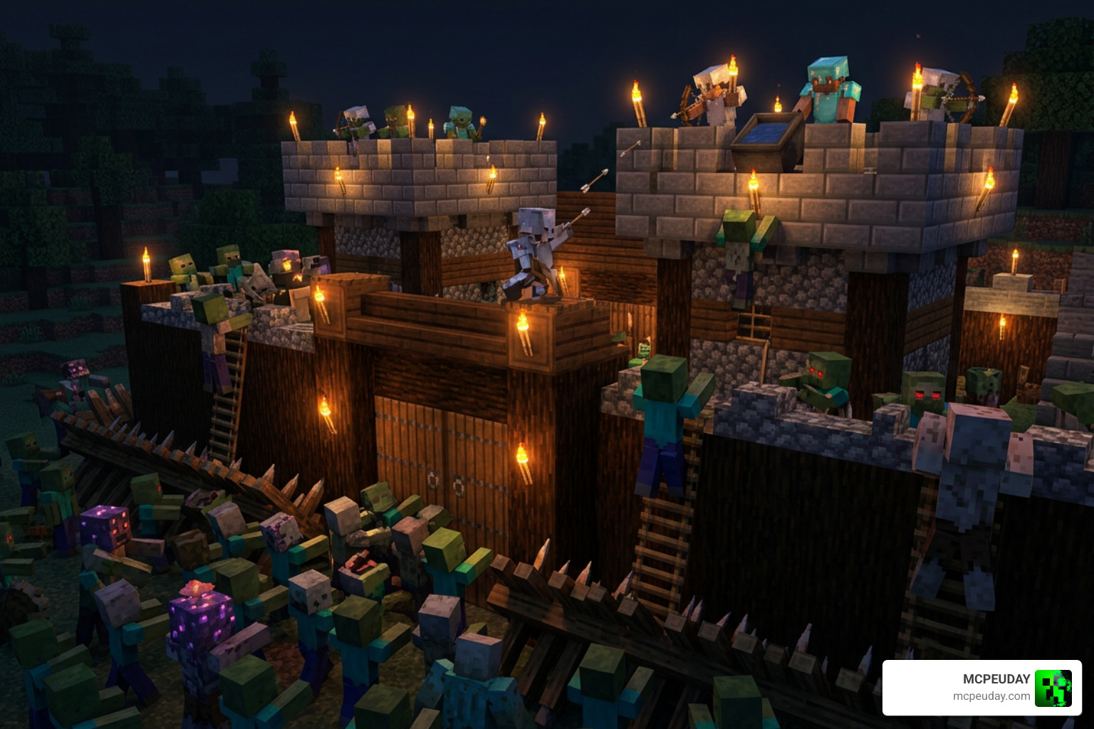 Mutated zombies attacking a fortified base in Minecraft Bedrock