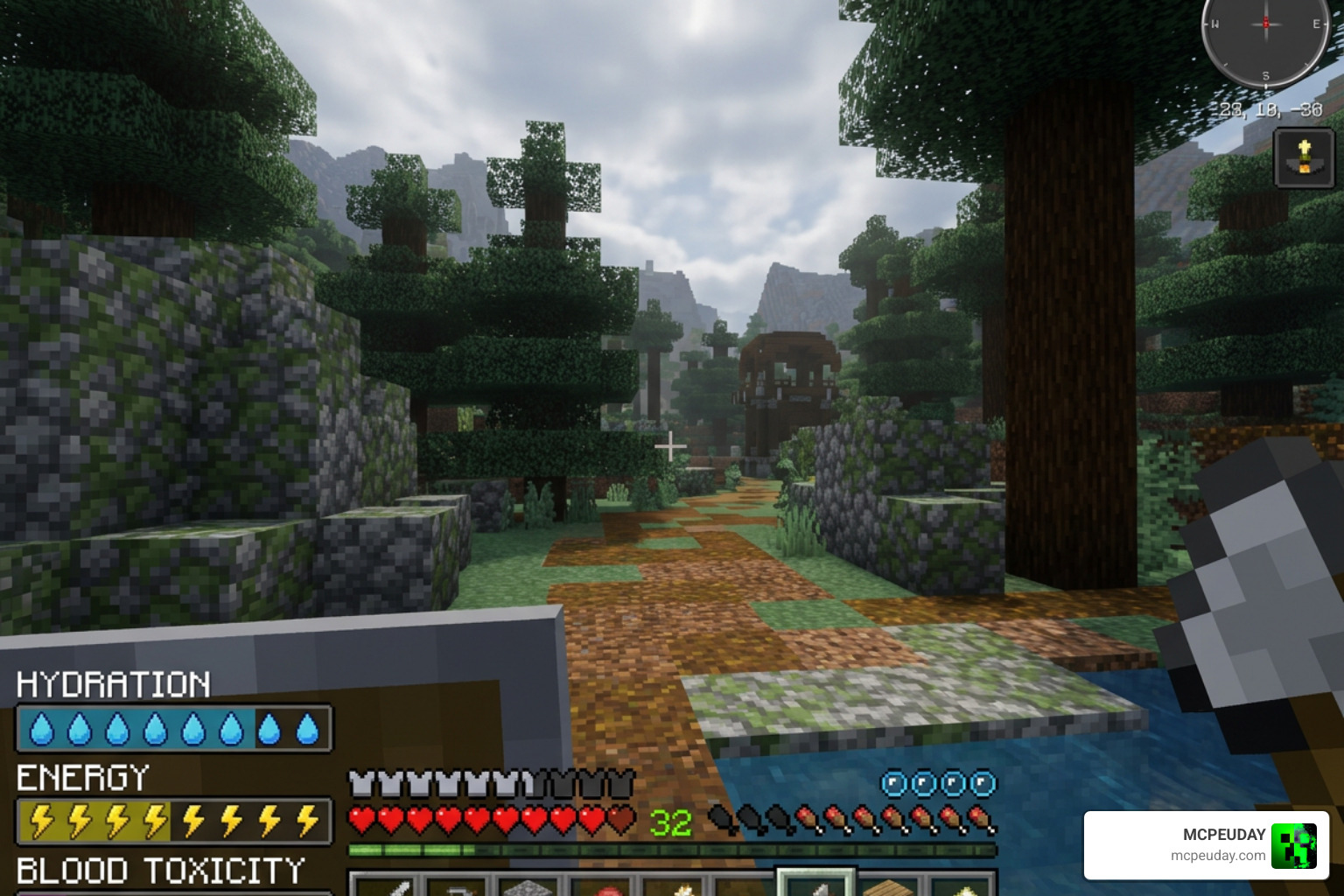 Custom survival HUD overlay showing hydration, energy, and toxicity levels