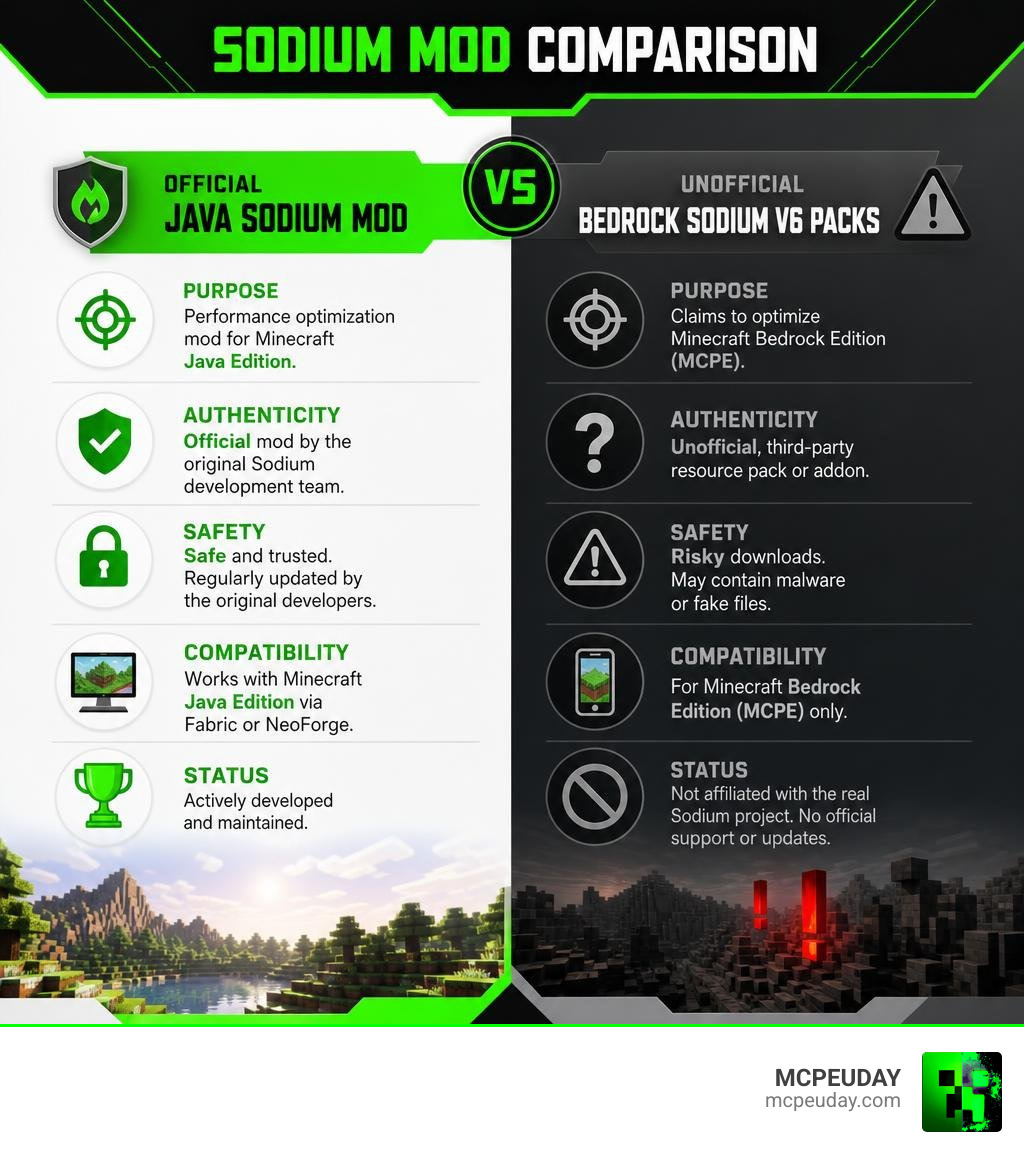 Infographic comparing official Java Sodium mod vs unofficial Bedrock Sodium V6 packs infographic