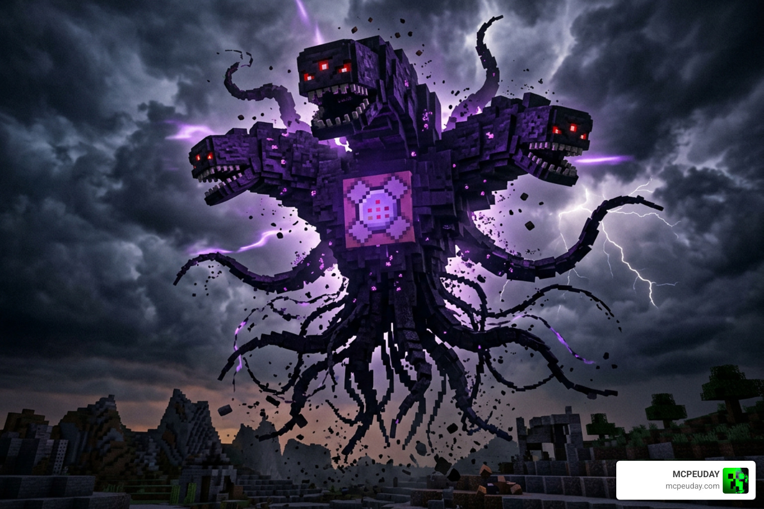 The Wither Storm composite entity with multiple heads and tentacles The Wither Storm composite entity with multiple heads and tentacles