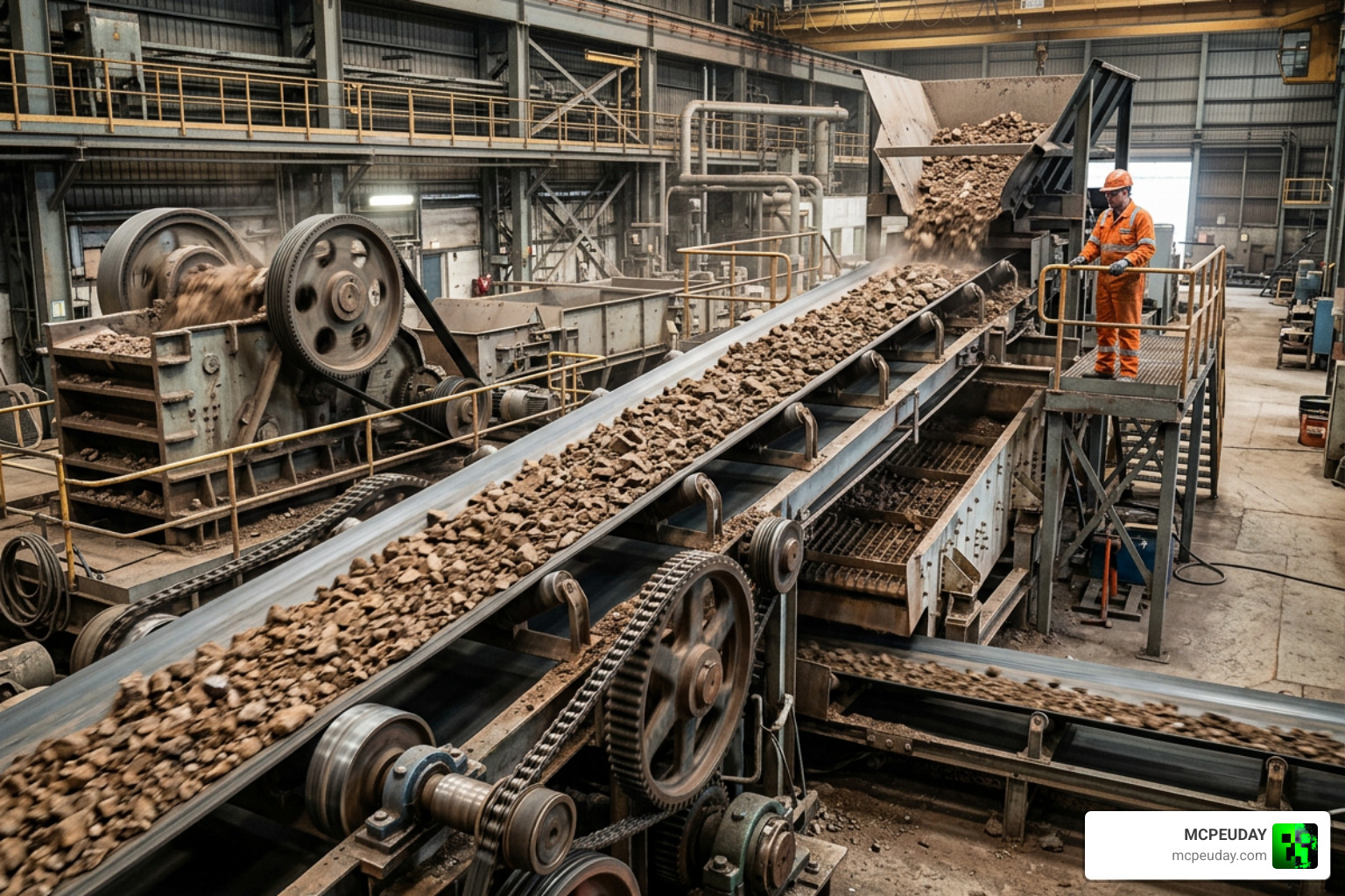 A display of active mechanical machines in a factory line processing raw ores A display of active mechanical machines in a factory line processing raw ores