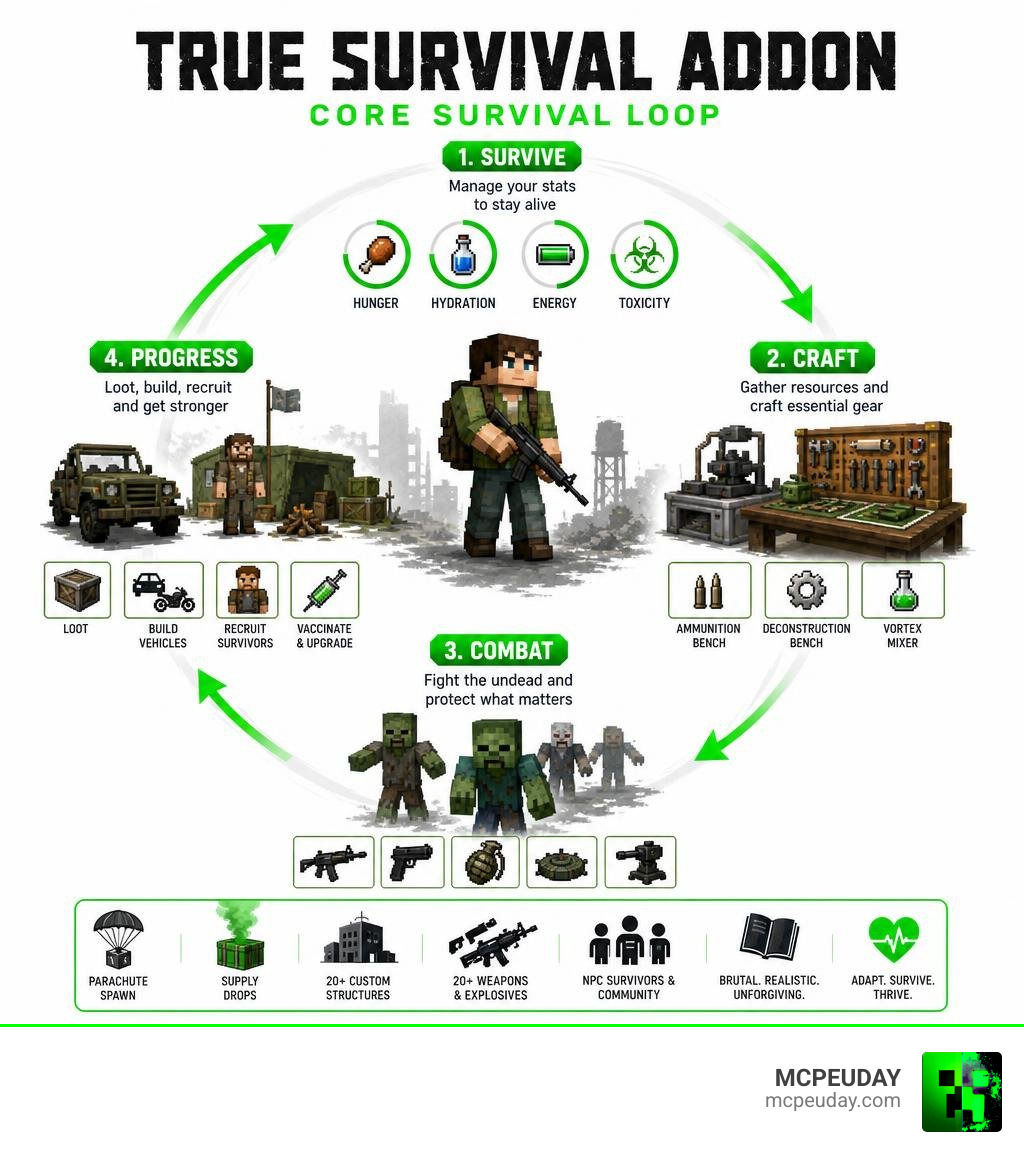 True Survival Addon core survival loop infographic showing stats, crafting, combat, and progression infographic