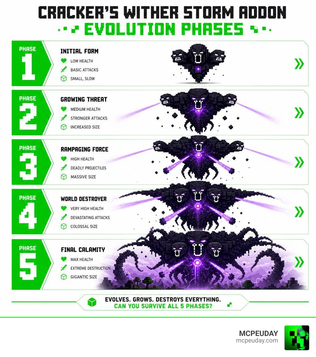 Cracker's Wither Storm Addon evolution phases infographic from Phase 1 to Phase 5 infographic Cracker's Wither Storm Addon evolution phases infographic from Phase 1 to Phase 5 infographic