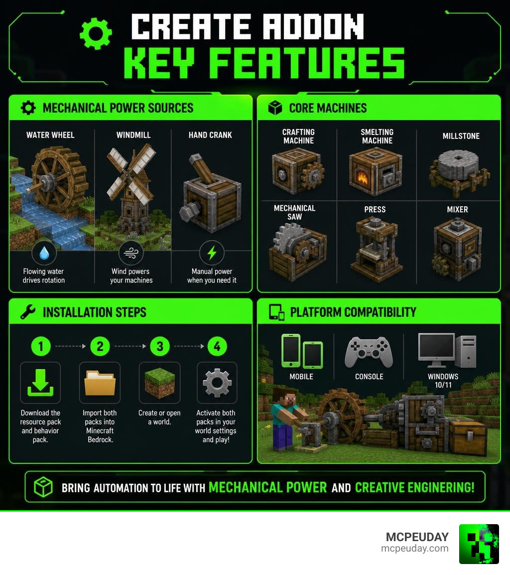 Infographic showing Create Addon key features: mechanical power sources, core machines, installation steps, and platform Infographic showing Create Addon key features: mechanical power sources, core machines, installation steps, and platform