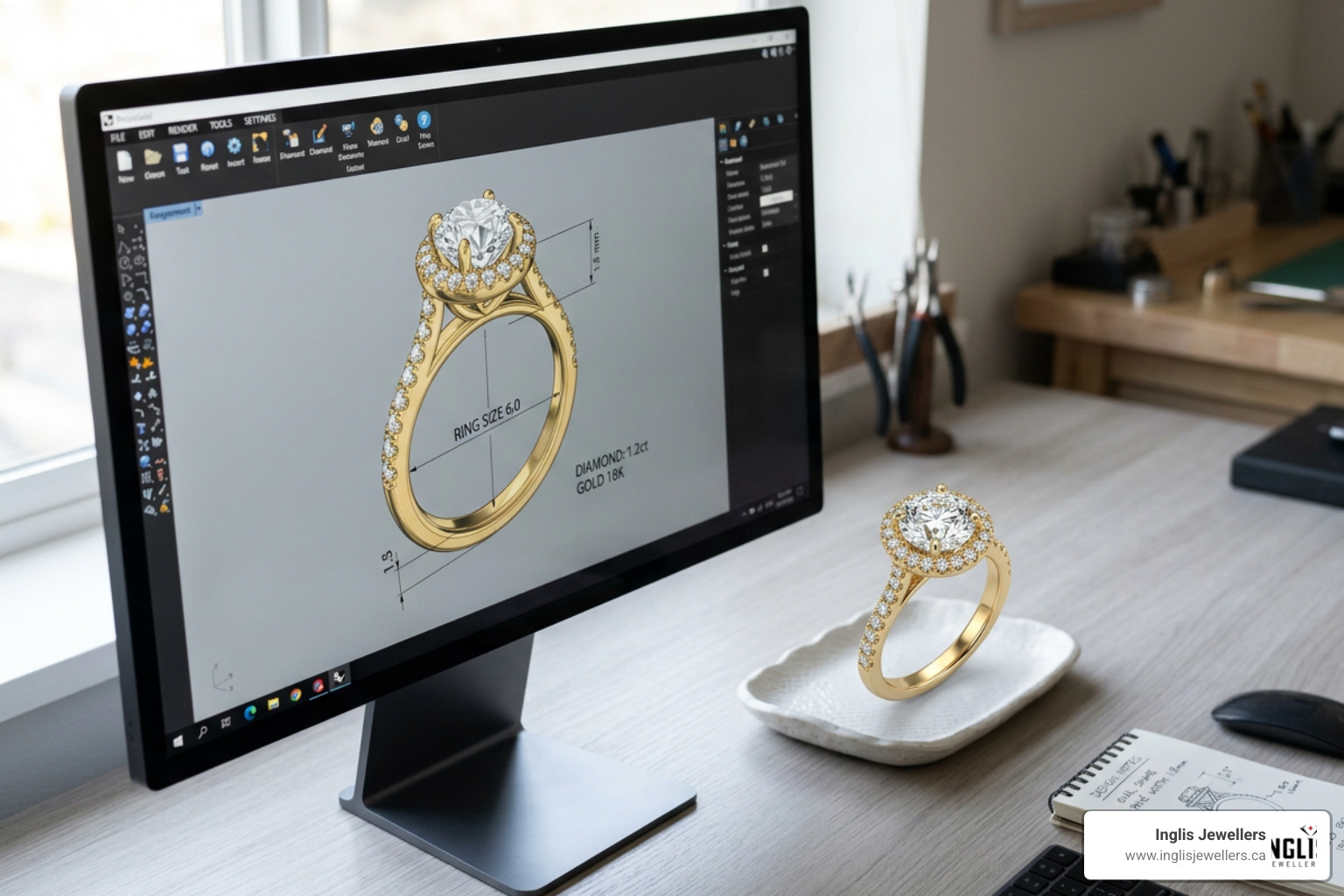 3D CAD model of an engagement ring next to the finished physical piece