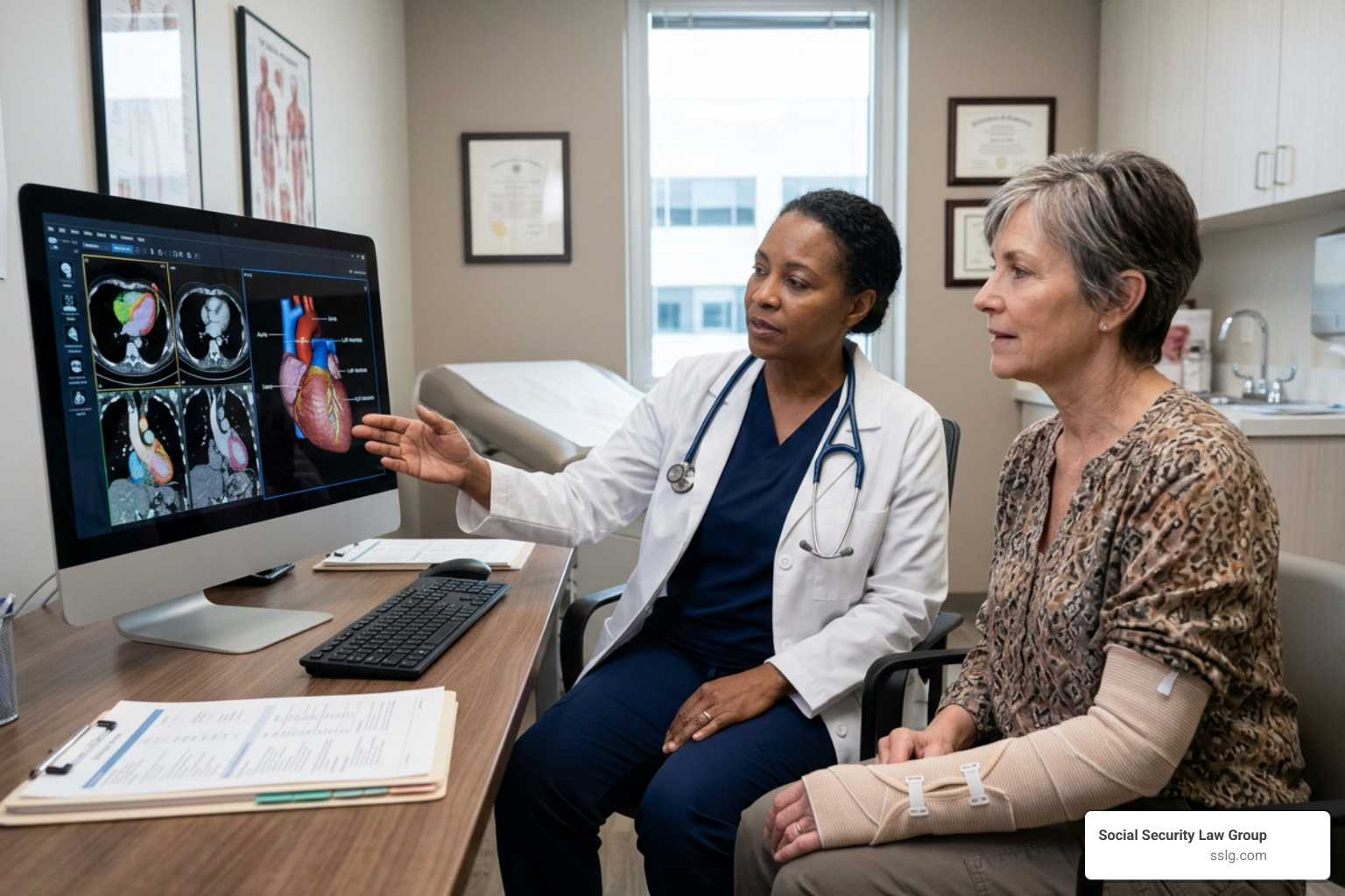 Medical professional reviewing heart scans with an active 60 year old female patient wearing a supportive arm bandage Medical professional reviewing heart scans with an active 60 year old female patient wearing a supportive arm bandage