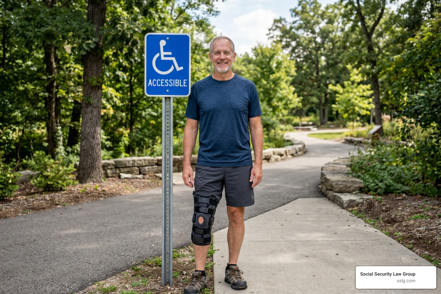 Active 60 year old man with a supportive knee brace standing next to an ADA accessibility sign Active 60 year old man with a supportive knee brace standing next to an ADA accessibility sign