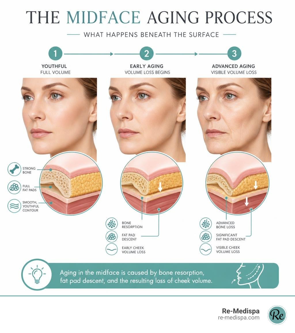 Infographic showing midface aging process: bone resorption, fat pad descent, and cheek volume loss stages infographic Infographic showing midface aging process: bone resorption, fat pad descent, and cheek volume loss stages infographic