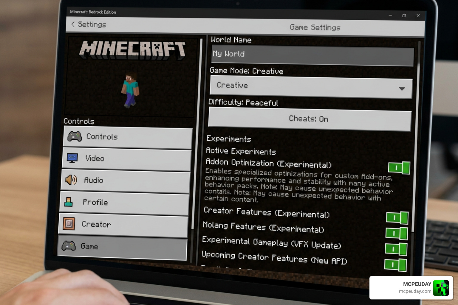 Minecraft Bedrock settings menu for addon optimization