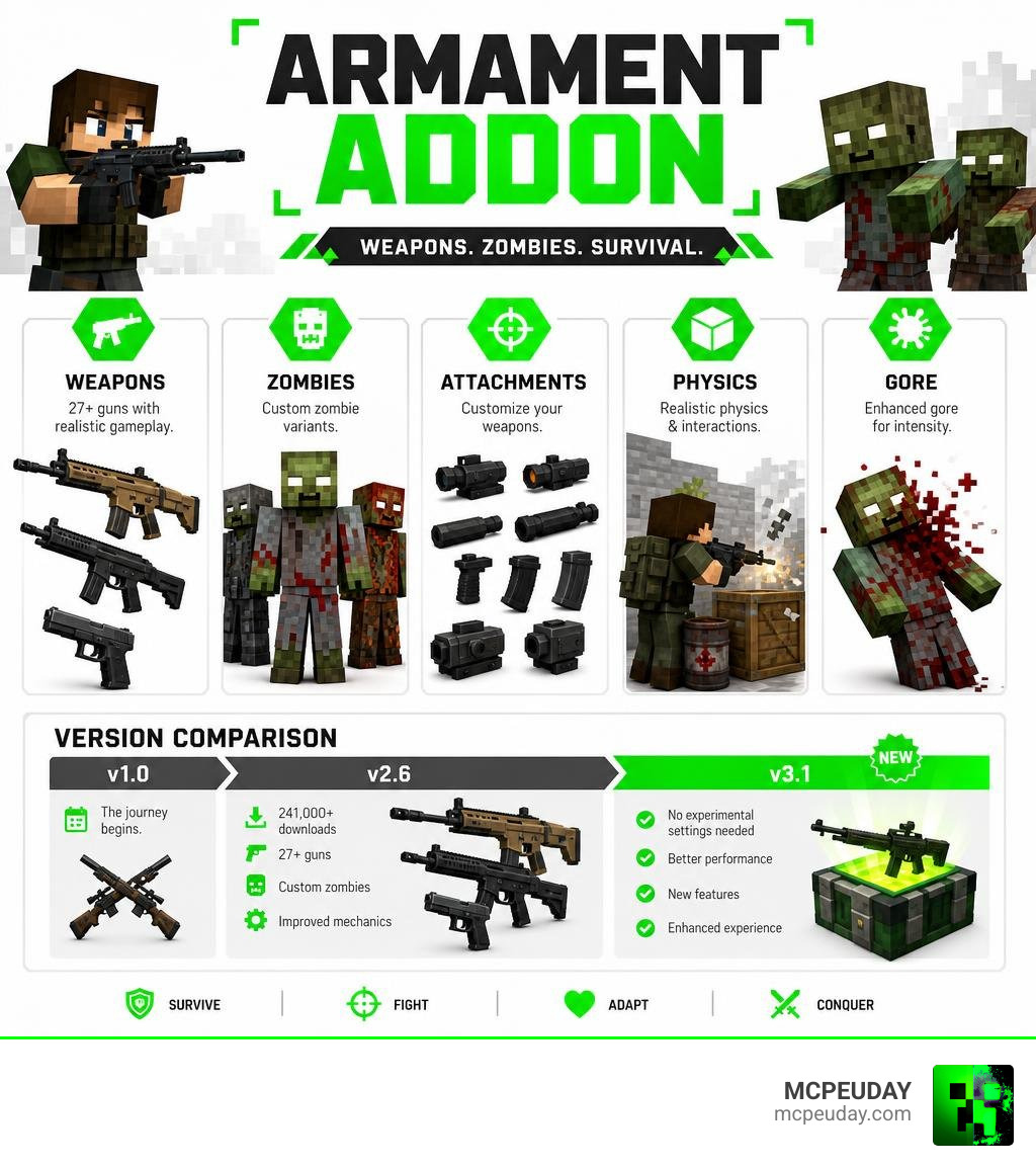 Infographic showing Armament Addon features including weapons, zombies, attachments, physics, and version comparison