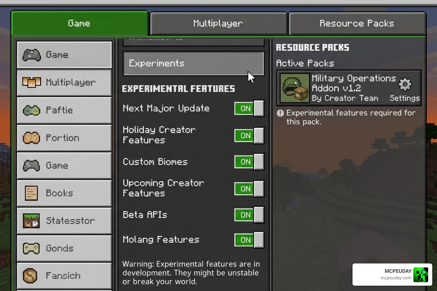 Minecraft Bedrock experimental settings menu for Shadow Company Addon Minecraft Bedrock experimental settings menu for Shadow Company Addon