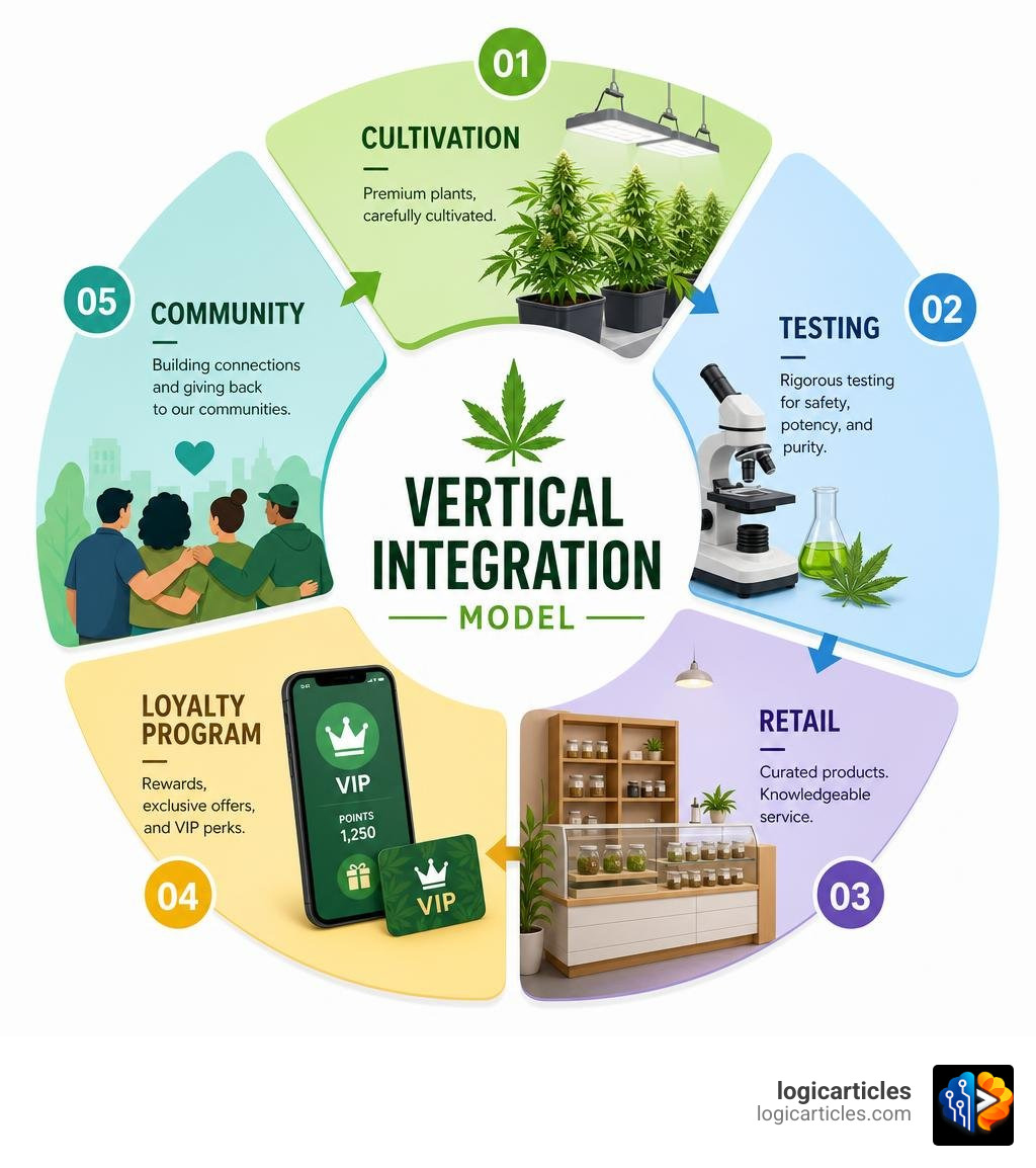 Northeast Alternatives vertical integration model: cultivation, testing, retail, loyalty program, community infographic Northeast Alternatives vertical integration model: cultivation, testing, retail, loyalty program, community infographic