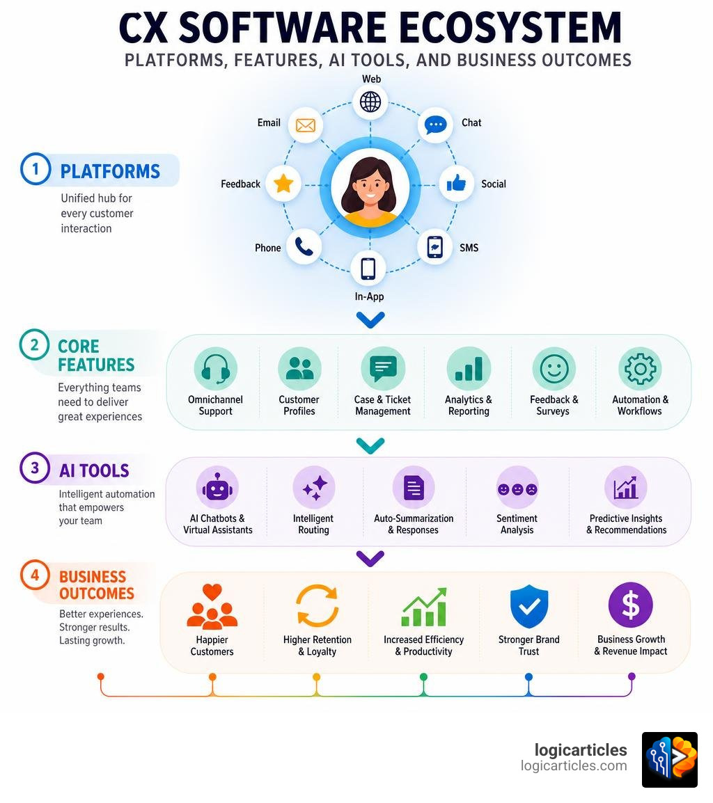 CX software ecosystem: platforms, features, AI tools, and business outcomes infographic infographic CX software ecosystem: platforms, features, AI tools, and business outcomes infographic infographic